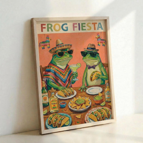 May include: Framed poster print leaning against white wall showing two cartoon frogs wearing sunglasses and Mexican hats sitting at table with tacos, margaritas, guacamole, chips, and tequila bottles. Orange sunset background with colorful piñatas. One frog wears striped poncho, other has bow tie. Wooden frame, vibrant colors with festive Mexican party theme.