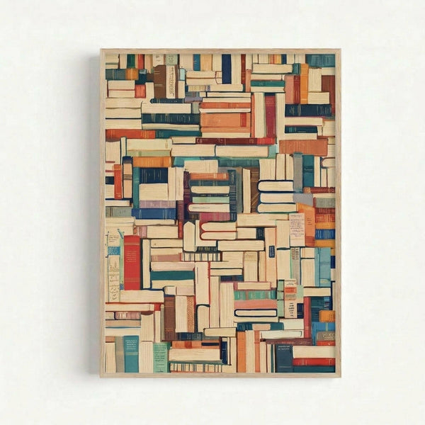 A framed artistic print featuring a densely packed arrangement of book spines in various colors including teal, orange, cream, burgundy, and navy blue. The books are stacked and organized in different orientations creating a mosaic-like pattern. The artwork has a vintage, library aesthetic with realistic book spine details and is displayed in a light wood frame against a white wall.