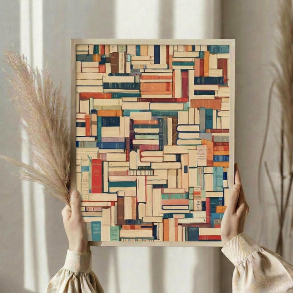 May include: Hands holding a framed print featuring a colorful mosaic pattern of vintage book spines in various sizes, colors including blues, oranges, creams, and reds. Person wears beige clothing with ruffled sleeves, holding dried wheat stems. Soft natural lighting against neutral curtained background creates cozy reading nook atmosphere.