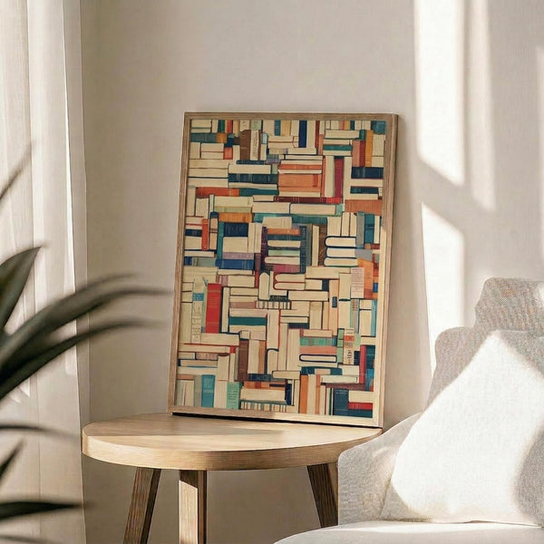 May include: Framed artwork displaying a colorful mosaic of vintage book spines in various sizes, featuring cream, blue, orange, red, and green tones. The print sits on a round wooden side table next to a beige upholstered chair in a bright, minimalist living room with white walls and natural sunlight streaming through windows. A plant's leaves are visible in the corner.
