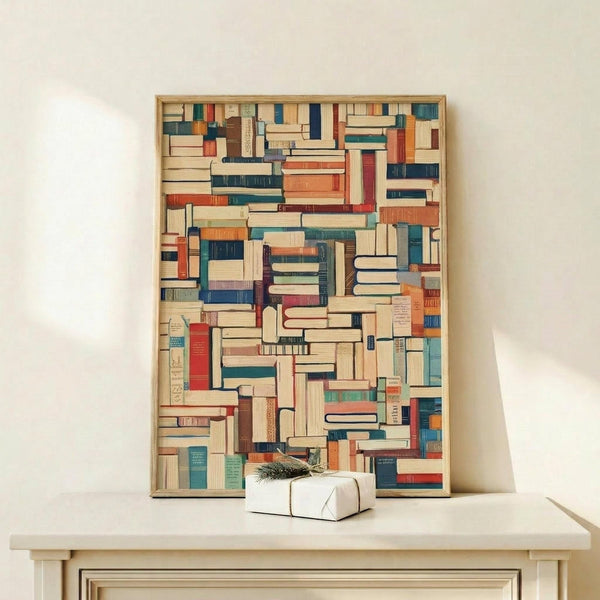 May include: Framed poster print featuring a colorful mosaic pattern of vintage book spines in various sizes, arranged in a Tetris-like composition. Books display muted tones of blue, orange, red, cream, and green with visible text details. Natural wood frame displayed on light wooden surface alongside white wrapped gift with evergreen sprig. Clean white wall background with soft natural lighting creates minimalist styling.