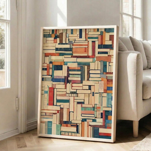 May include: Framed poster print leaning against white wall next to beige sofa in bright living room with large windows. Artwork shows colorful mosaic pattern of stacked book spines in various sizes and colors including red, blue, orange, cream, and green tones arranged in geometric blocks. Light wood frame, hardwood floors visible.
