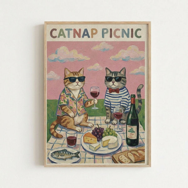 Framed poster featuring two anthropomorphic cats wearing sunglasses at an outdoor picnic. The orange tabby wears a floral shirt while the gray striped cat sports a blue and white striped shirt with red bow tie. They sit on a checkered blanket with wine glasses, cheese, grapes, fish, and bread under a pink sky with fluffy clouds. The colorful title "CATNAP PICNIC" appears at the top in playful lettering. Light wooden frame against white wall.