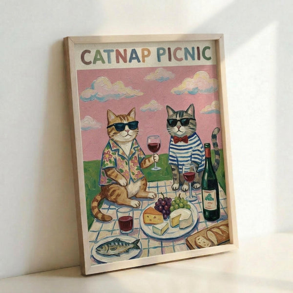 May include: Framed poster print leaning against white wall showing two cats wearing sunglasses having a picnic on checkered blanket. Orange tabby in floral shirt and gray striped cat in blue shirt hold wine glasses. Pink sky with clouds above green grass. Picnic spread includes cheese, grapes, bread, fish, and wine bottle. Colorful illustrated art style in light wood frame.