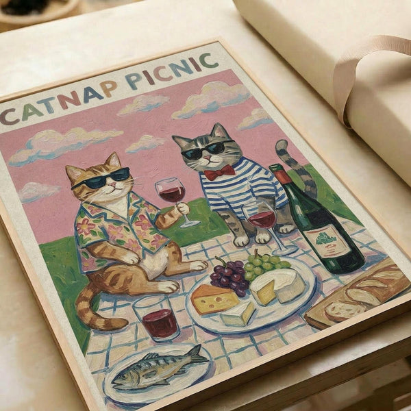 May include: Vintage-style poster print featuring two cool cats in sunglasses enjoying a picnic on a checkered blanket. Orange tabby in floral shirt holds wine glass while gray striped cat sits beside wine bottle. Spread includes cheese, grapes, bread, and fish on plate. Pink sky with fluffy clouds backdrop. Print shown in natural wood frame on white surface with neutral packaging materials visible.