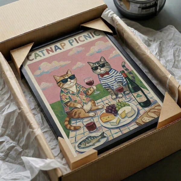 May include: Framed vintage-style poster showing two cats wearing sunglasses at a picnic, one in floral shirt holding wine glass, other in striped shirt, with cheese, grapes, bread and fish on checkered blanket under pink sky with clouds, packed in cardboard shipping box with protective wrapping