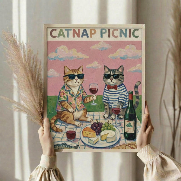 May include: Person holding a framed poster featuring two cats wearing sunglasses at a picnic. Orange tabby in floral shirt and gray striped cat in striped shirt sit on checkered blanket with wine glasses, cheese, grapes, and wine bottle. Pink sky with white clouds in background. Light wood frame, hands also holding dried wheat stems against neutral curtained window.