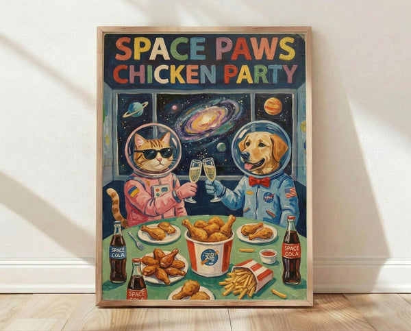 May include: Framed poster print leaning against white wall on light wooden floor. Colorful retro-style artwork shows cat in pink spacesuit and dog in blue NASA suit with helmets, toasting champagne glasses in space. Galaxy background with planets and stars. Table spread includes fried chicken bucket, plates of food, french fries, and dark soda bottles labeled Space Cola. Vibrant rainbow lettering at top. Natural lighting creates soft shadows on textured white fabric backdrop.