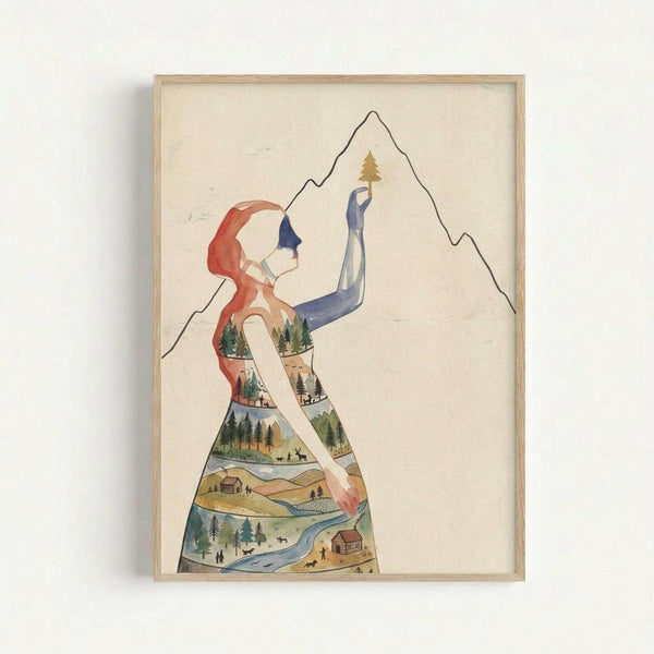 A framed watercolor artwork showing a woman's silhouette filled with layered landscape scenes including evergreen forests, rolling hills, a winding river, small cabins, and wildlife. She has flowing red hair and holds up a small golden tree. Behind her rises a simple line-drawn mountain peak. The illustration uses soft earth tones of green, brown, blue and orange against a cream background, displayed in a light wooden frame on a white wall.