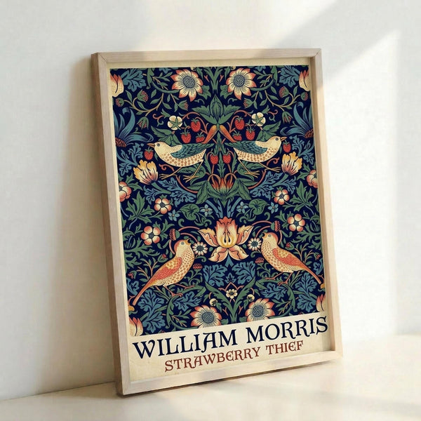 May include: A framed vintage botanical poster displaying an ornate Arts and Crafts pattern with decorative birds, strawberry plants, and flowing foliage in deep navy blue, sage green, coral pink, and cream tones. The design features symmetrical pairs of stylized birds amid intertwining vines, berries, and flowers. Text appears at the bottom identifying the artist and pattern name. The wooden frame sits propped against a white wall.