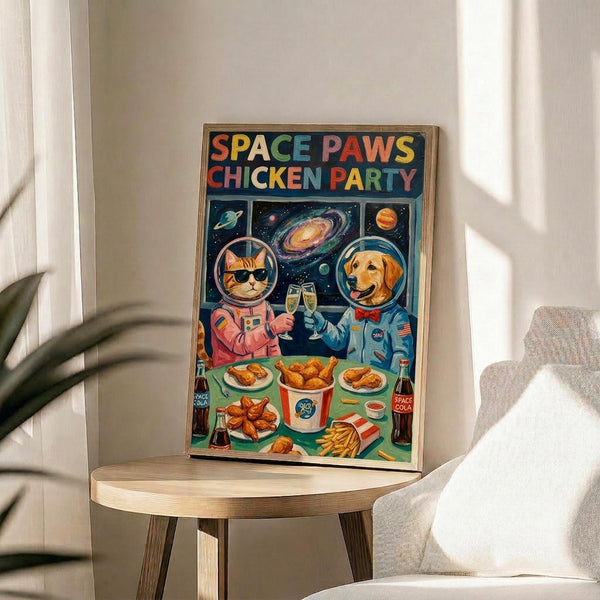 May include: Framed poster featuring a cat astronaut in pink spacesuit and dog astronaut in blue spacesuit toasting with glasses in space. They sit at a table with fried chicken, fries, and drinks against a starry galaxy background with colorful planets. The vintage-style artwork is displayed on a round wooden side table next to a beige upholstered chair in a bright, minimalist room with white walls and natural lighting.