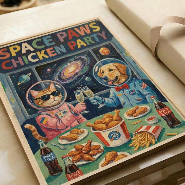 Colorful retro-style poster artwork showing a cat in pink spacesuit and dog in blue spacesuit floating in space, holding champagne glasses in a toast. They're surrounded by plates of fried chicken, french fries, and bottles labeled "Space Cola" against a cosmic background with planets and galaxies. The illustration has a vintage comic book aesthetic with bright, saturated colors and playful details.