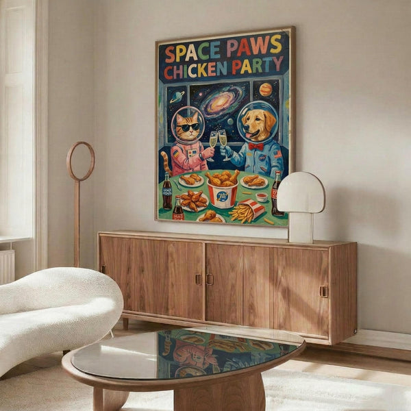 May include: Colorful retro-style poster featuring a cat and dog astronauts in space suits toasting with glasses while sharing fried chicken and fast food against a starry galaxy background. Displayed above a mid-century modern walnut credenza in a contemporary living room with white curved chair, glass coffee table, and marble floors.