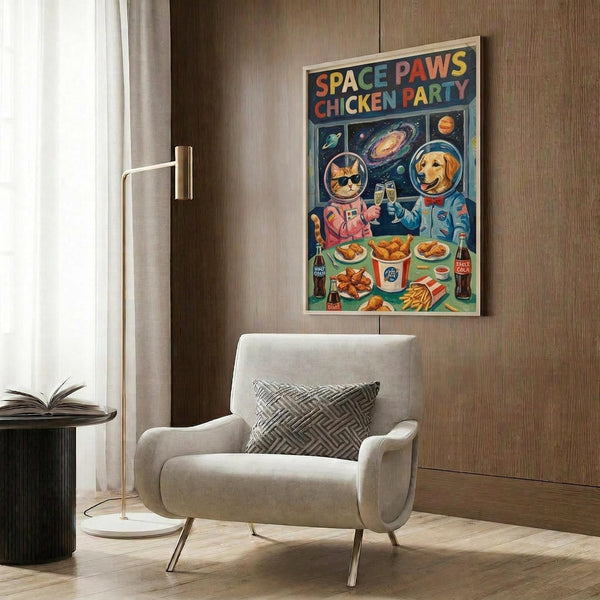May include: Colorful retro-style poster showing a cat and dog in astronaut suits sharing fried chicken and drinks in space, with planets and stars in background. Poster displayed on wood-paneled wall above modern cream armchair with geometric pillow, next to gold floor lamp and side table with open book.