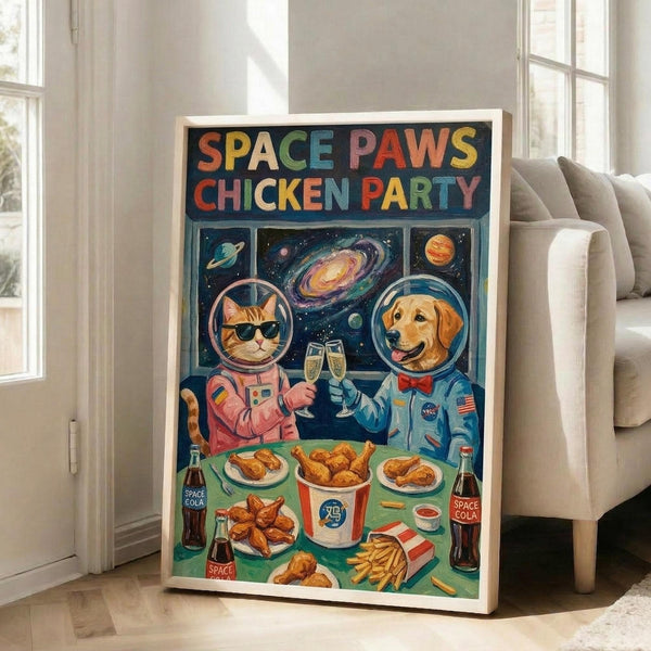 May include: Framed poster print displayed in bright living room with beige sofa and large windows. Artwork shows cartoon cat and dog in colorful space suits sharing fried chicken meal in spacecraft, with galaxy view behind them. Vibrant illustration features orange tabby cat in pink spacesuit and golden retriever in blue NASA suit, both wearing helmets, toasting with champagne glasses over table of chicken, fries, and space cola bottles.