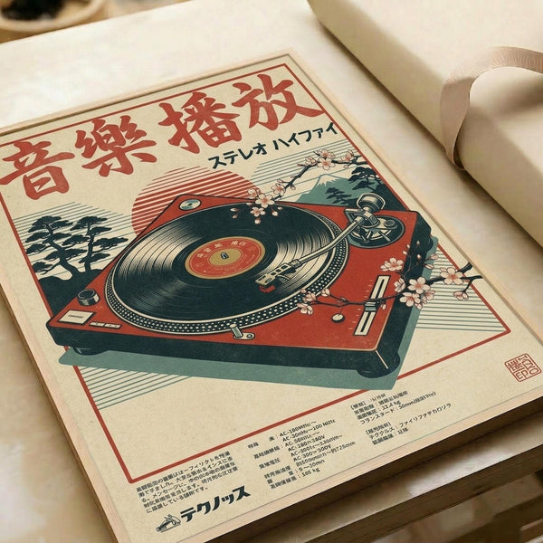 A vintage-style Japanese poster featuring a red turntable with cherry blossoms and traditional pine trees against a cream background. The design shows detailed technical specifications in Japanese text below the illustrated record player. The poster has a weathered, retro aesthetic with muted colors and appears to be printed on aged paper with visible texture and slight curl at the edges.