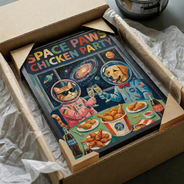 May include: Framed poster artwork in cardboard shipping box with protective wrapping. Shows colorful retro-style illustration of cat astronaut in pink spacesuit and dog astronaut in blue spacesuit sharing fried chicken meal in space station. Background features galaxies, planets, and stars. Space cola bottles and chicken pieces scattered on table. Vibrant colors include orange, blue, pink, and yellow against dark space scene.