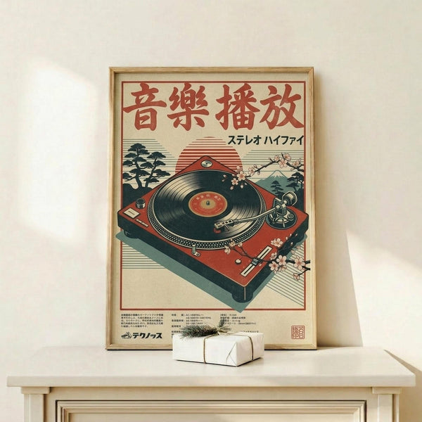 May include: Framed vintage-style Japanese poster featuring a red turntable with vinyl record, surrounded by traditional elements like cherry blossoms, pine trees, and Mount Fuji silhouette. The poster displays red Japanese characters and "ステレオ ハイファイ" text in a retro advertisement style with cream background and red border. Wooden frame sits on light wood surface next to small white wrapped gift with dried grass accent against white wall.