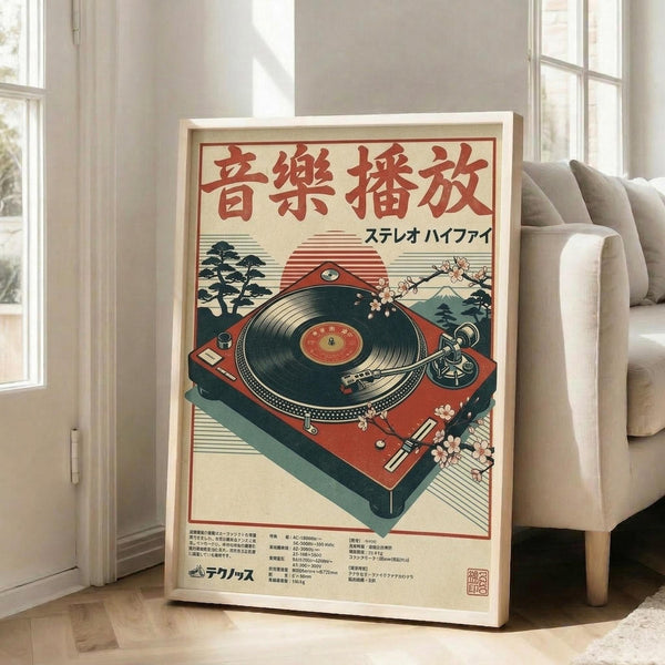 May include: Framed vintage-style Japanese poster featuring red turntable with vinyl record against cream background with traditional elements like cherry blossoms, bonsai trees, and red sun. Red Japanese characters at top, smaller black text below. Wooden frame leaning against white wall next to beige upholstered chair in bright, naturally-lit room with windows.