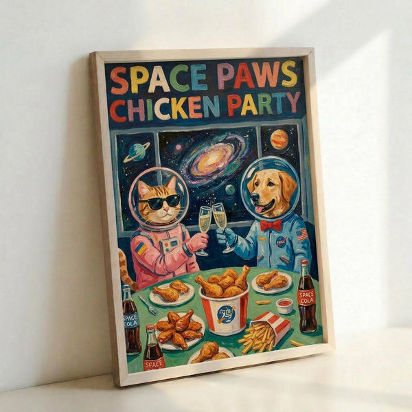 Framed poster artwork featuring a cat wearing sunglasses in a pink spacesuit and a golden retriever in a blue NASA spacesuit, both with clear helmet bubbles, toasting with champagne glasses at a table covered with fried chicken, french fries, and cola bottles. The scene is set against a starry space background with planets, a galaxy, and Saturn visible through a window. The artwork has a retro-style illustration with vibrant colors and sits in a light wood frame against a white wall.