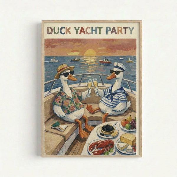 Framed poster showing two anthropomorphic ducks in sunglasses relaxing on a yacht deck at sunset. One duck wears a striped sailor shirt and captain's hat, the other sports a floral Hawaiian shirt and straw hat. They're toasting with champagne glasses while surrounded by luxury food including lobster, caviar, and cheese. The ocean backdrop features other boats and a golden sunset. The artwork has a vintage illustration style with rich blues, warm oranges, and detailed textures in a light wood fra