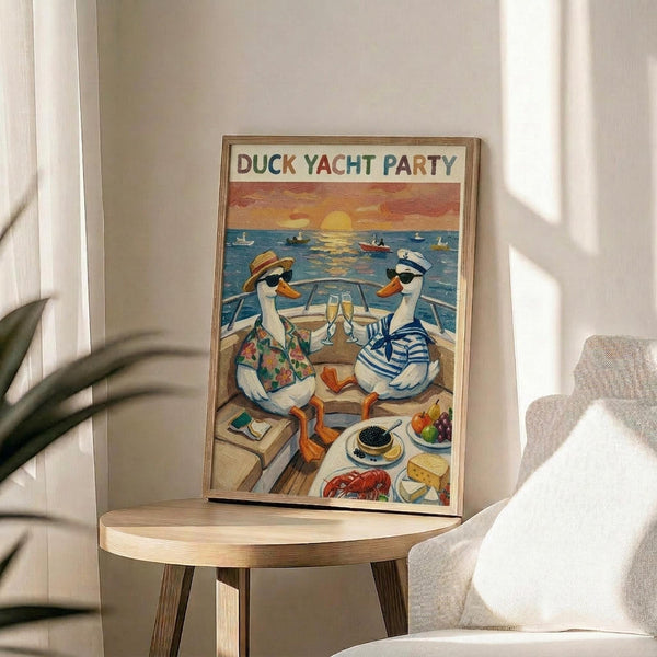 May include: Framed poster print displayed on a round wooden side table next to a beige upholstered chair. The artwork features two cartoon ducks on a yacht deck at sunset - one wearing a floral shirt and sun hat, the other in a striped nautical shirt and captain's hat. They're toasting with champagne glasses while enjoying a spread of gourmet food including lobster, caviar, and cheese. The colorful illustration shows other boats in the background on blue water with an orange sunset sky.