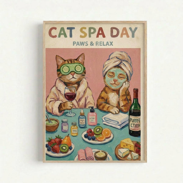Framed poster showing two cats at a spa table with cucumber eye masks and face treatments. One tabby cat wears a bathrobe and holds a wine glass, while the other has a towel wrapped around its head. The turquoise table displays skincare bottles, fresh fruit plates, cheese, wine bottle labeled "PURRFECTION," towels, and spa accessories. Colorful vintage-style illustration in warm tones with light wood frame against white wall.
