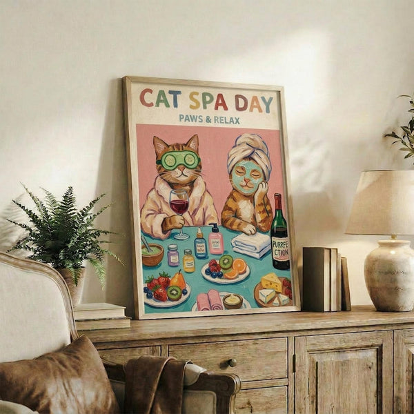 May include: Framed poster print displaying two cartoon cats at a spa table - one wearing cucumber eye mask and towel wrap, another with face mask, surrounded by wine, fruit, spa items, and cheese on turquoise table. Warm wood sideboard setting with books, plant, pottery, and cream chair visible in cozy home interior.