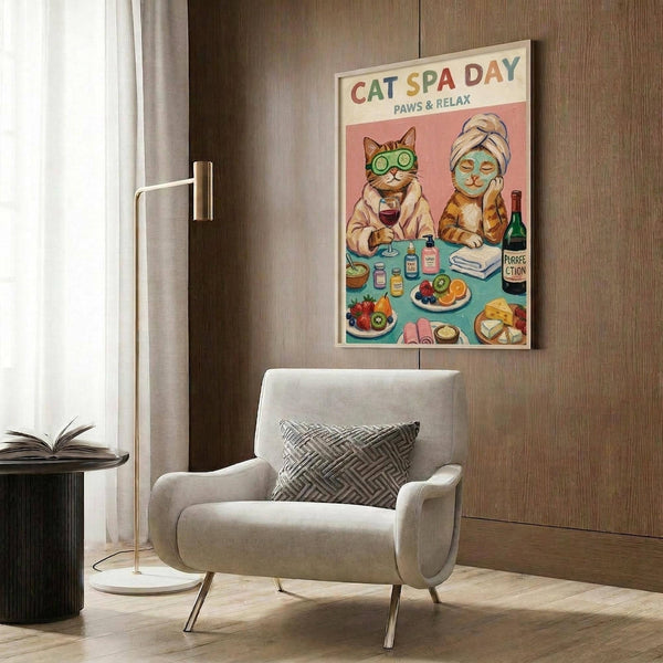 May include: Framed poster showing two illustrated cats at a spa table with face masks, cucumber eye patches, wine, and spa items on pink and teal background. Displayed above a beige upholstered chair with geometric pillow in modern room with wood paneling, floor lamp, and side table.
