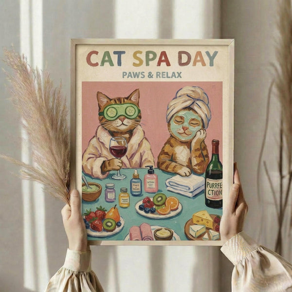 May include: Hands holding a framed art print showing two cats enjoying spa treatments at a table with wine, face masks, cucumber eye patches, fresh fruit, cheese, and spa products. The illustration features warm colors with a pink background. Dried pampas grass visible on the left side against white curtains.