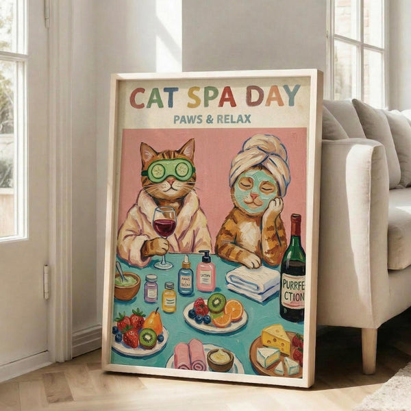 May include: Framed poster print leaning against white wall next to beige sofa in bright living room with large windows. Artwork shows two cats at spa day - one wearing cucumber eye mask holding wine glass, another with face mask and towel turban. Turquoise table displays spa items, fruit plates, cheese, and wine bottle labeled "Purrfection". Colorful retro-style illustration with pink background.