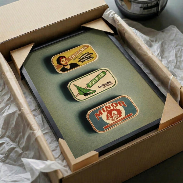 May include: Three vintage-style Portuguese food labels displayed in a green matted frame inside an open cardboard box with tissue paper. The rectangular labels feature Tricana sardines with a woman's portrait, Compadrio sardines with green leaf design, and Minor brand with red logo. Frame appears dark colored against olive green matting, photographed as an unboxing scene with wooden handles visible and white tissue paper packaging.