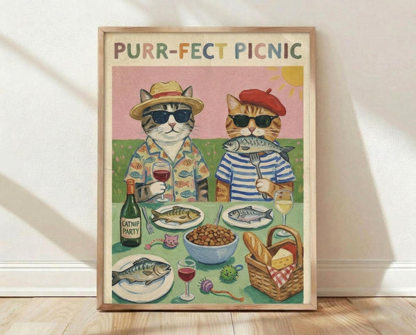 May include: Framed poster print leaning against white wall on light wood floor. Colorful illustrated artwork shows two cats wearing sunglasses and hats at outdoor picnic - one in fish-print shirt holding wine glass, other in striped shirt holding fish. Pink sky background with green grass foreground. Picnic spread includes wine bottle labeled "Catnip Party," plates of fish, bread basket, bowl of kibble, wine glasses, and cat toys scattered around.