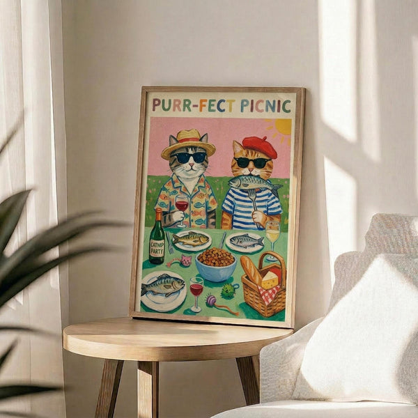 May include: Framed poster print on wooden side table next to beige upholstered chair and plant. Artwork shows two cats wearing sunglasses at picnic - one in straw hat and fish-print shirt holding wine, another in red beret and striped shirt. Colorful illustration features picnic spread with fish dishes, wine bottle labeled "catnip party," bread basket, and outdoor scene with pink sky and green grass.