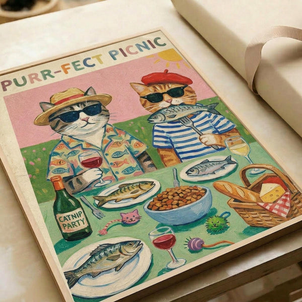 Two stylized cats wearing sunglasses enjoy a picnic on green grass under a yellow sun and pink sky. The left cat wears a straw hat and fish-print shirt while holding red wine, the right cat sports a red beret and blue striped shirt while holding a whole fish. The scene includes plates of fish, a bowl of cat food, bread and cheese basket, catnip party bottle, wine glasses, and colorful toys scattered around. The vintage-style illustration uses warm pastels and is printed on cream paper, photograp