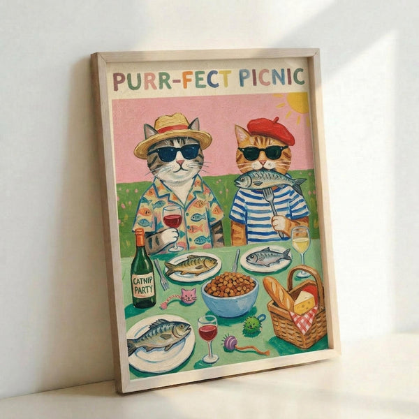 Two cats wearing sunglasses sit at a picnic table with fish dishes, wine glasses, and a picnic basket. One cat wears a straw hat and fish-print shirt, the other a red beret and striped shirt. The colorful illustration is titled "PURR-FECT PICNIC" at the top, displayed in a light wood frame against a white wall with soft shadows.