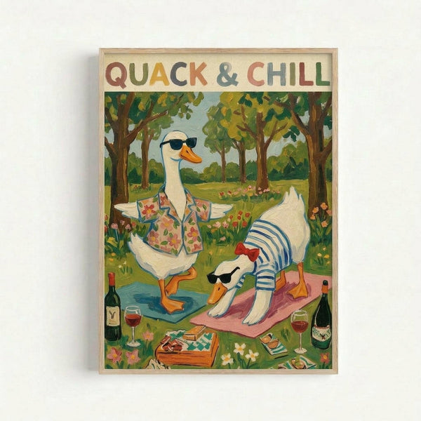 Framed poster print featuring two white ducks wearing sunglasses in a park setting. One duck wears a floral Hawaiian shirt while sitting in a blue chair, the other wears a striped shirt while lounging on a pink yoga mat. Wine bottles and glasses are scattered around them on the grass among wildflowers. Trees with green foliage fill the background. The text "QUACK & CHILL" appears at the top in colorful letters. Light wood frame against white wall.