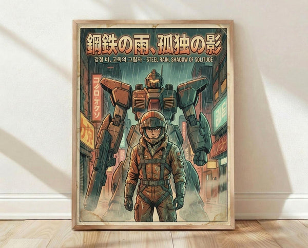 May include: A framed vintage-style poster featuring a lone armored soldier standing before a towering mecha robot in a rainy urban setting. The artwork displays muted green and orange tones with Japanese and Korean text at the top. The wooden frame sits against white walls on light wood flooring with natural sunlight casting diagonal shadows across the scene.