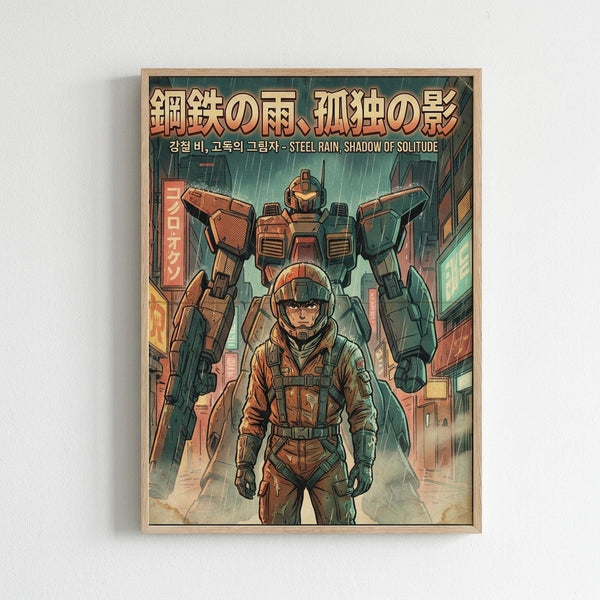 May include: A framed poster print displayed on a white wall. The artwork shows a futuristic soldier in military gear standing in front of a large mech robot in a rainy cyberpunk cityscape. The image features muted green and orange tones with Japanese text at the top and Korean text below it. The scene has a retro anime aesthetic with neon signs visible in the background buildings. The poster is in a thin natural wood frame.