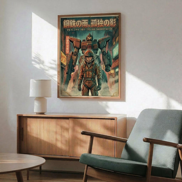 May include: Framed poster displaying anime-style illustration of person in brown jacket standing before large mech robot in cyberpunk cityscape with green and orange tones, featuring Japanese and Korean text at top. Shown hanging above mid-century modern wooden credenza with white ceramic lamp, next to teal upholstered chair with wooden arms in sunlit room with white walls.