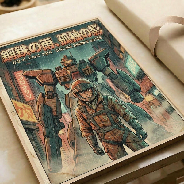 Vintage-style poster print featuring a soldier in military gear and helmet walking through a futuristic cityscape with large mechs or robots in the background. The artwork has a retro sci-fi aesthetic with muted green and orange tones, displayed on white paper against a light colored surface. Japanese text appears at the top of the poster.