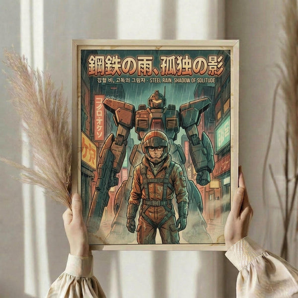 May include: Hands holding a framed poster featuring a person in orange pilot suit standing before a large mech robot in a futuristic cityscape with neon signs and rain. Asian text at top. Artwork has anime/manga style with green and orange tones. Natural wood frame, dried wheat stems visible on left side against neutral curtained background.