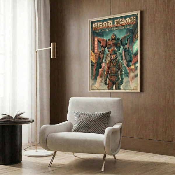 May include: Framed anime-style poster featuring a soldier in green military gear standing before a large brown and teal mech robot, displayed on wood paneled wall above modern cream armchair with geometric pillow, brass floor lamp and side table with open book nearby