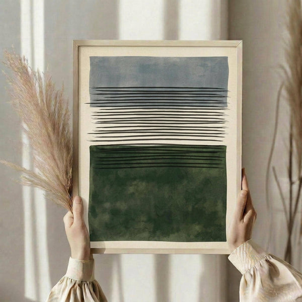 May include: Person holding framed abstract artwork featuring horizontal black lines on cream background with blue-gray watercolor section above and forest green watercolor section below, displayed in light wood frame. Person wears cream sweater with gathered cuffs and holds dried wheat stems. Soft natural lighting creates shadows on neutral curtained background.