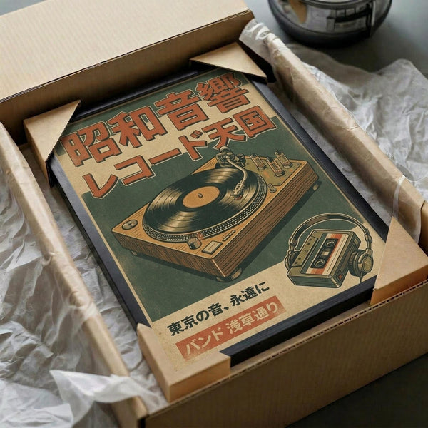 May include: Vintage-style Japanese poster print featuring retro turntable and headphones in muted green and orange color scheme, shown framed in dark wood frame, carefully packed in cardboard shipping box with protective tissue paper wrapping on wooden surface