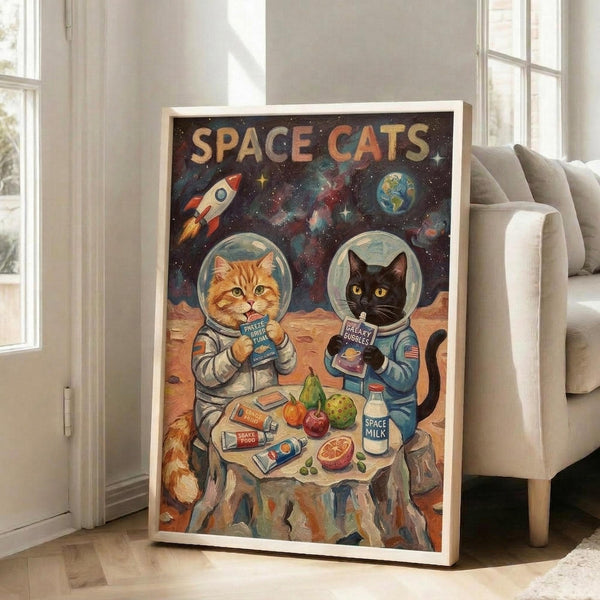 May include: Framed poster artwork displaying two cartoon cats in astronaut suits sitting at a dinner table on a planetary surface. Orange tabby cat holds freeze-dried tuna while black cat has galaxy bubbles. Space milk carton and various space foods scattered on table. Starry galaxy background with rocket ship and Earth visible. Vintage-style illustration in warm colors. White frame leaning against beige sofa in bright living room with large windows.