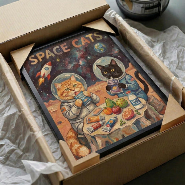May include: Framed poster print in wooden frame, packed in cardboard box with tissue paper protection. Artwork shows two cats in space suits floating in starry galaxy - orange tabby and black cat in astronaut helmets sharing space food. Vintage-style illustration with rocket ship, Earth, and "Space Cats" text against cosmic purple background.