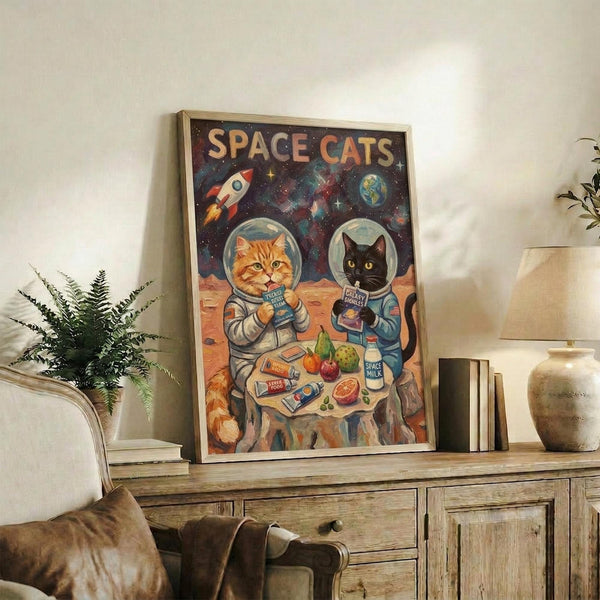 May include: Framed poster showing two cats in space suits sharing a meal on an alien planet surface. Orange tabby and black cat wear astronaut helmets against starry space background with rocket ship and Earth visible. Vintage-style artwork in wooden frame displayed on rustic sideboard with fern plant, books, and ceramic vases in neutral-toned living room setting.