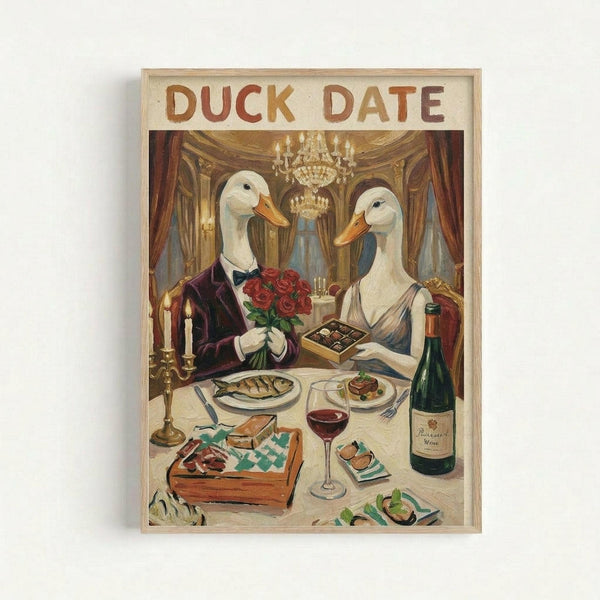 A framed vintage-style poster showing two elegant white ducks with orange bills dressed formally for a romantic dinner. The male duck wears a dark suit and bow tie while holding red roses, and the female duck wears a flowing dress. They sit at a candlelit table set with wine, chocolates, fish dinner, and other romantic touches in an ornate room with crystal chandelier and draped curtains. The artwork has warm, muted tones and classical illustration style.
