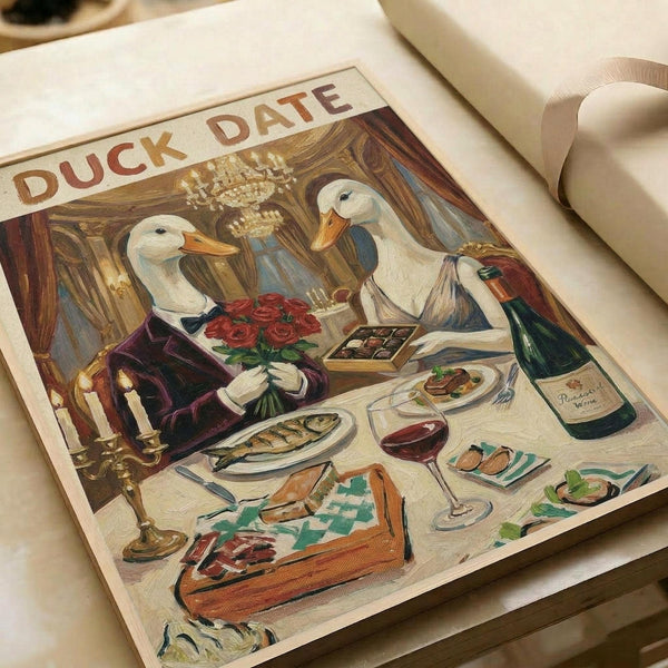 Whimsical illustrated poster featuring two white ducks with orange bills dressed in formal attire sharing an elegant dinner. The male duck wears a dark purple jacket while presenting red roses, and the female duck wears a blue dress. They sit at a table set with fine dining elements including wine glasses, champagne bottle, plates of food, lit candles, and chocolates. The scene is set in an ornate dining room with crystal chandeliers and rich wood paneling. The artwork has a vintage storybook il